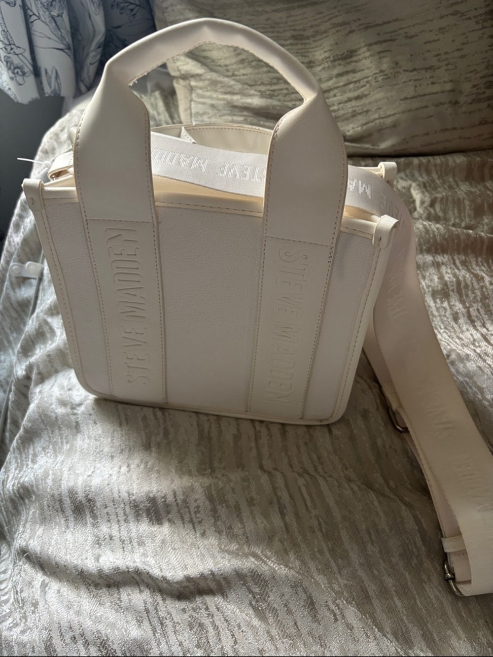 Steve Madden White-Cream Structured Tote with Detachable Jacquard Strap